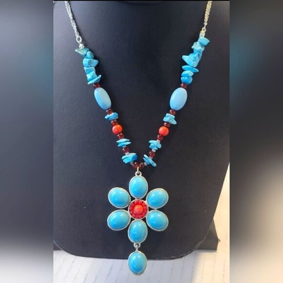 Vintage Avon Teardrop Pendant Faux Turquoise & Coral Necklace Double Chain 20+" - Picture 1 of 9